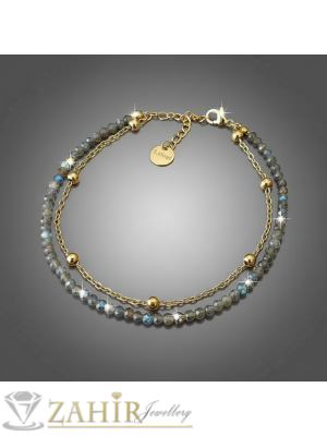 Великолепна двойна гривна за ръка или глезен от естествен сив лабрадорит 3 мм и стоманена верижка с топчета, стоманени накрайници - GA3222